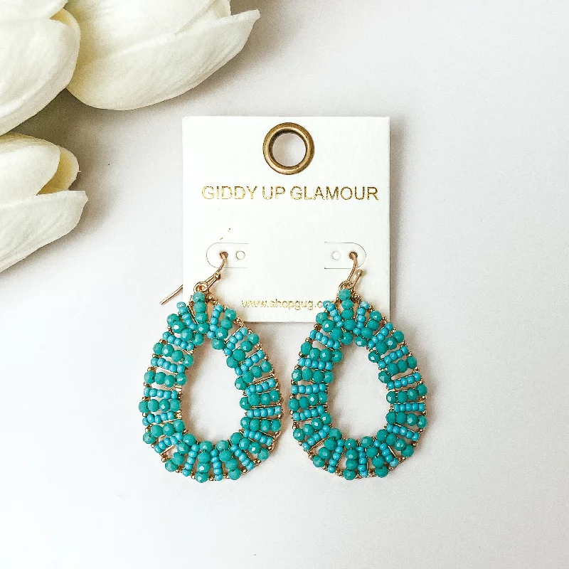 Designer Earrings-Gold Tone Teardrop Earrings with Turquoise Beaded Outline