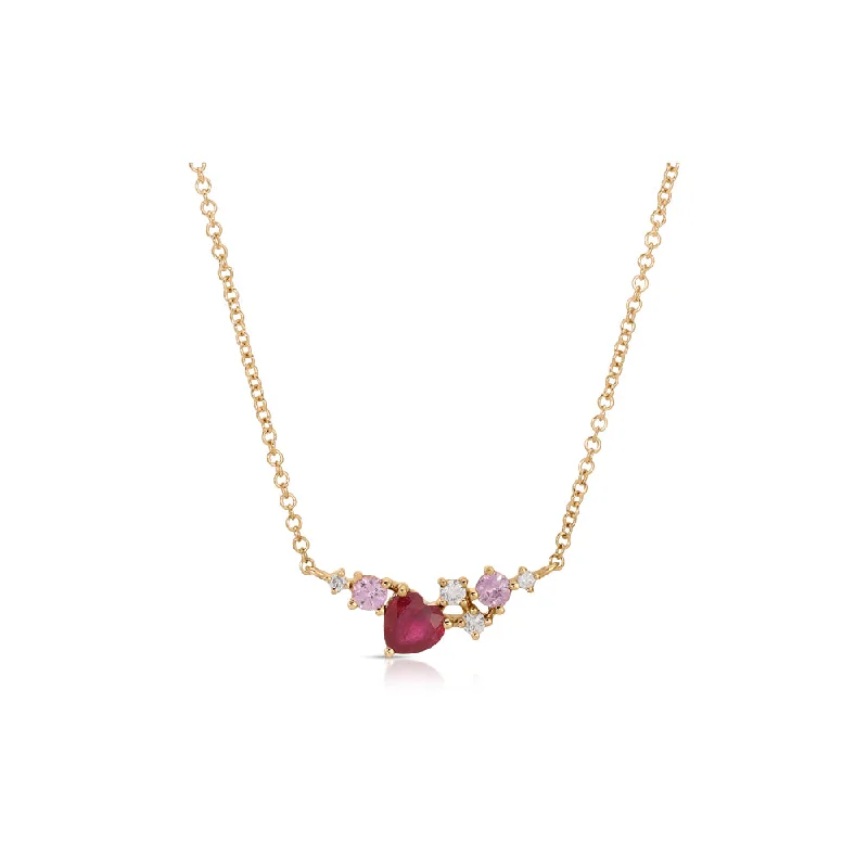 Flat shape necklaces-Bird Necklaces-14K Rose Gold Ruby Heart, with Fancy Shape Pink Sapphires and Diamonds Necklace