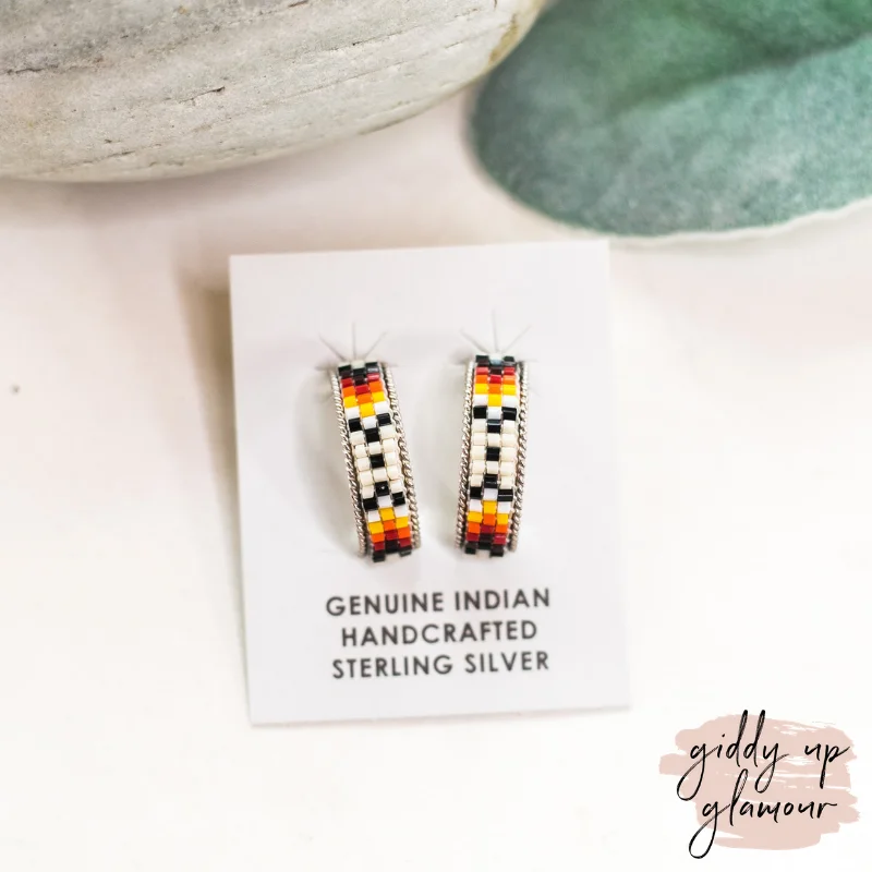 Initial Earrings-Navajo | Navajo Handmade Small Multi Colored Aztec Beaded Hoop Earrings in Ivory #1