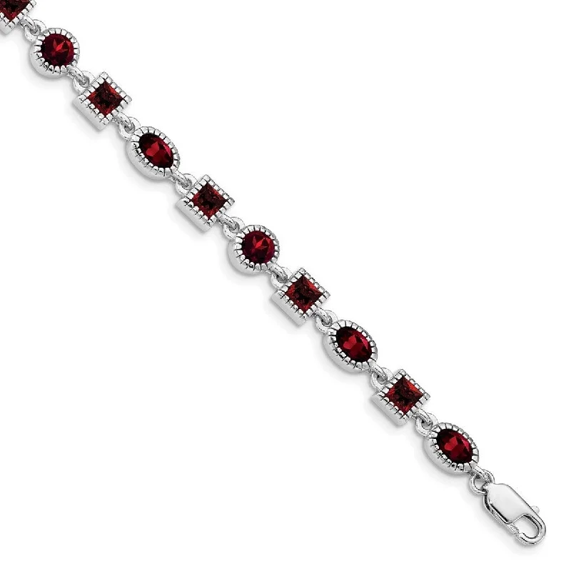 Daisy motif bangles-Unicorn Bangles-Curata 925 Sterling Silver Textured Polished Garnet Bracelet 7 Inch Lobster Claw