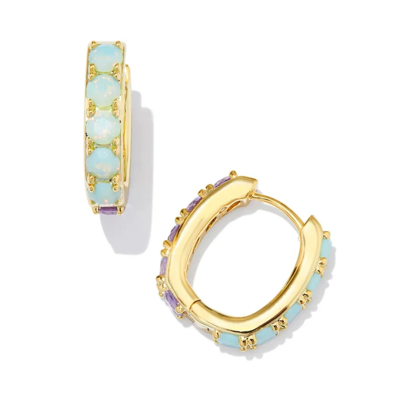 Platinum Earrings-Kendra Scott | Chandler Gold Huggie Earrings in Green Lilac Mix