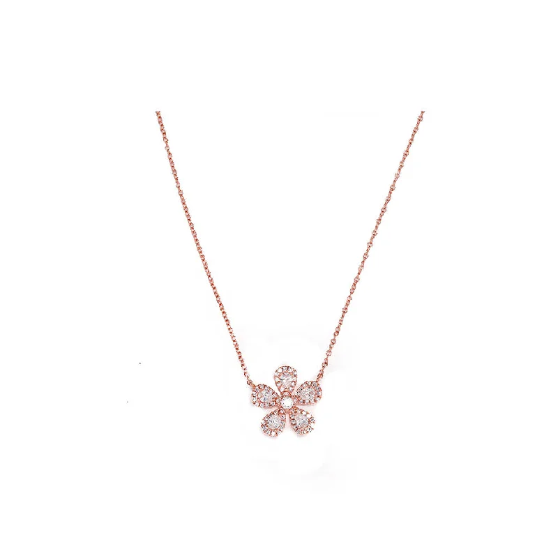 Soft silk necklaces-Minimalist Necklaces-14K Rose Gold Diamond and Diamond Pave Flower Necklace