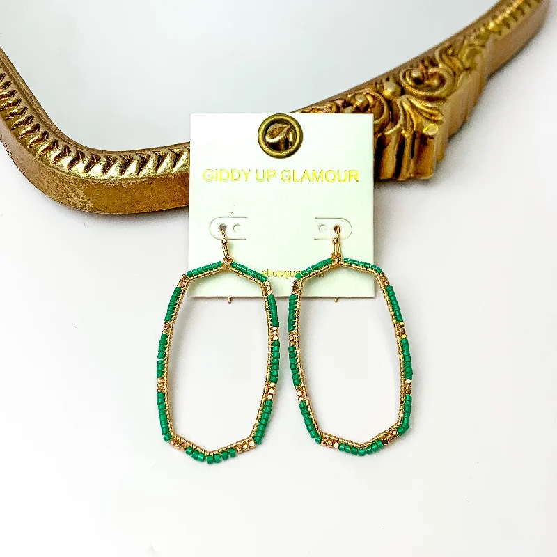 Rose Gold Earrings-Green Beaded Open Large Drop Earrings with Gold Tone Accessory