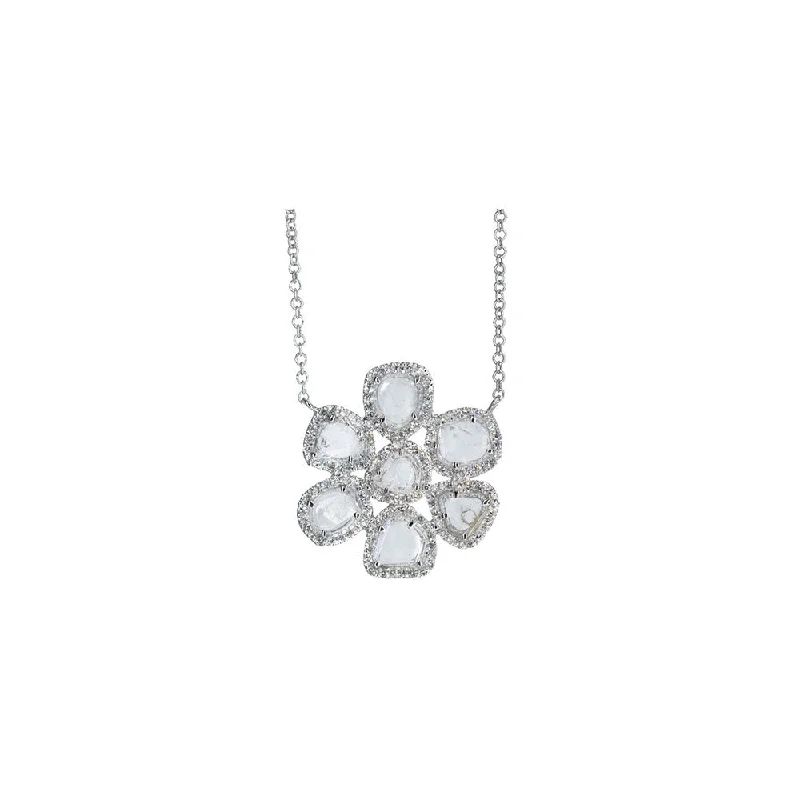 Thick weave necklaces-Lock Necklaces-14KT White Gold Diamond Pave and Diamond Slice Flower Necklace