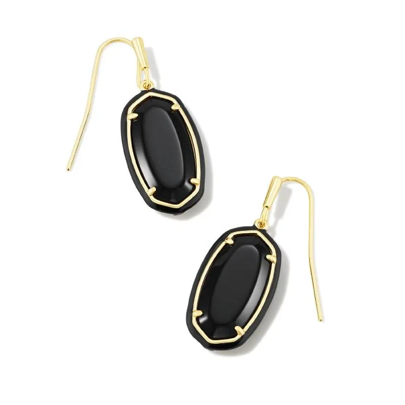 Formal Earrings-Kendra Scott | Dani Gold Enamel Frame Drop Earrings in Black Agate