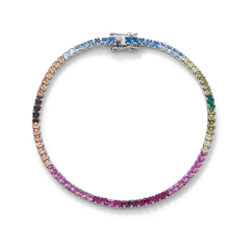 Bead rim bangles-Lock Rings-Curata 925 Sterling Silver Rhodium Plated Rainbow CZ Tennis Bracelet Colorful 78 2.5mm CZs Measures 7 Inch in L