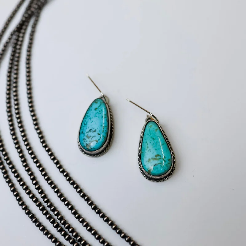 Engraved Earrings-Zia | Genuine Navajo Turquoise Stone Dangle Earrings with Sterling Silver Rope Edge