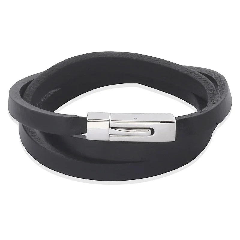 Fine dot bangles-Street Style Rings-Men's Stainless Steel Black Leather Wrap Bracelet