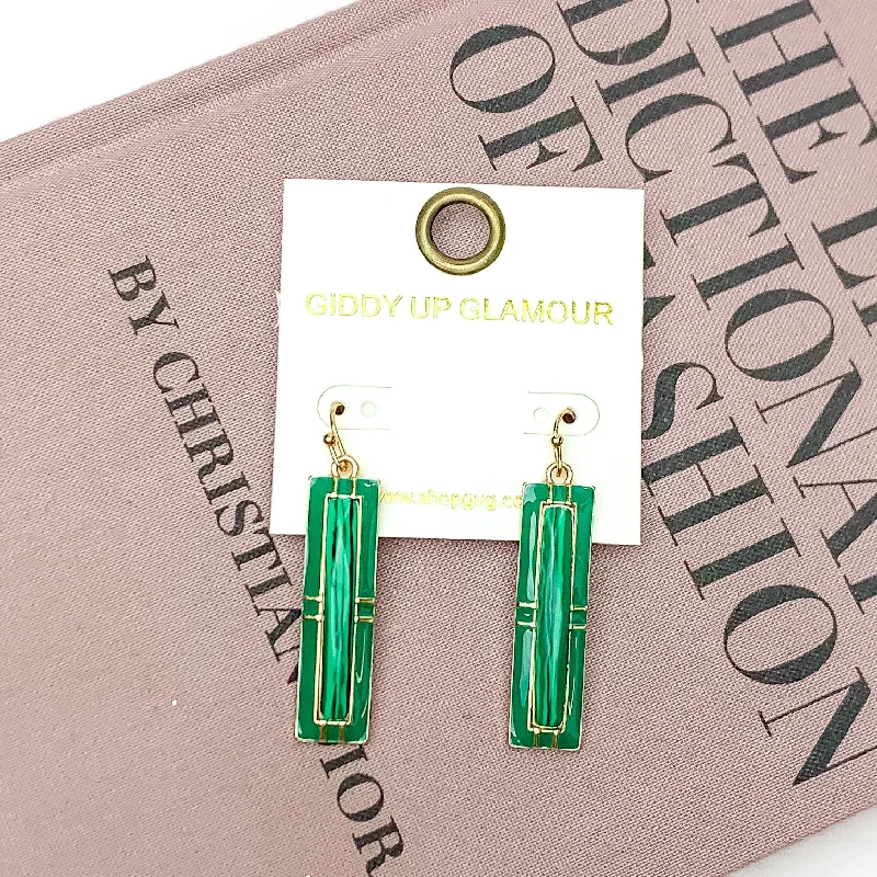 Unicorn Earrings-Everyday Gold Tone Rectangular Pendant Earrings in Kelly Green