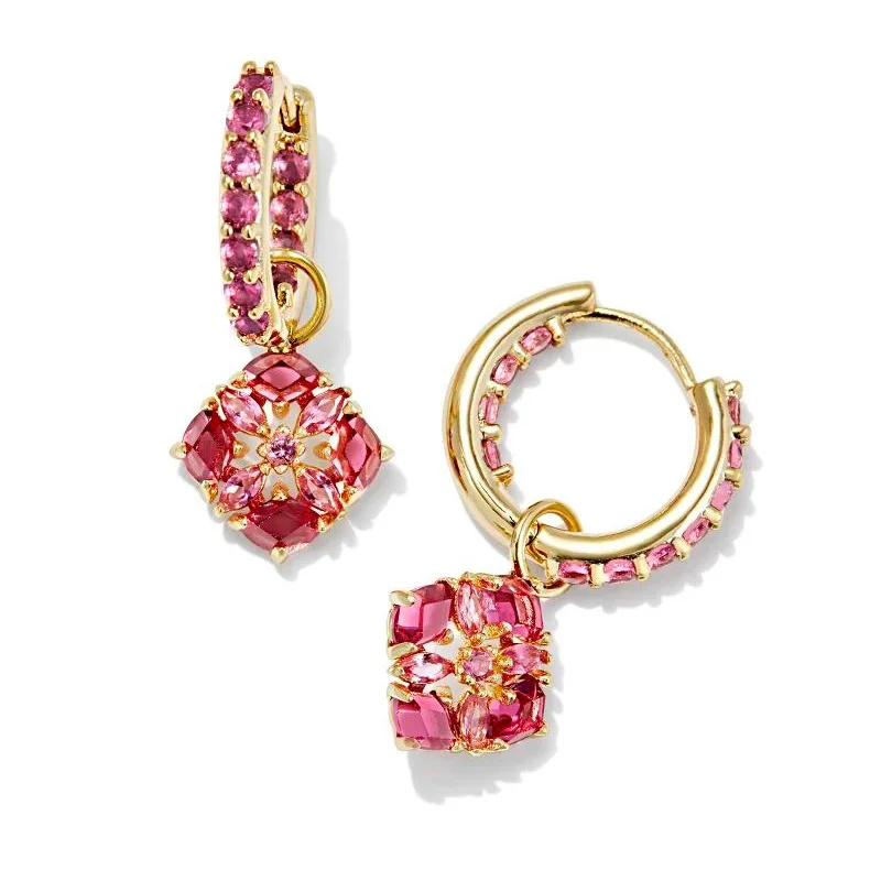 Pearl Earrings-Kendra Scott | Dira Convertible Gold Crystal Huggie Earrings in Pink Mix