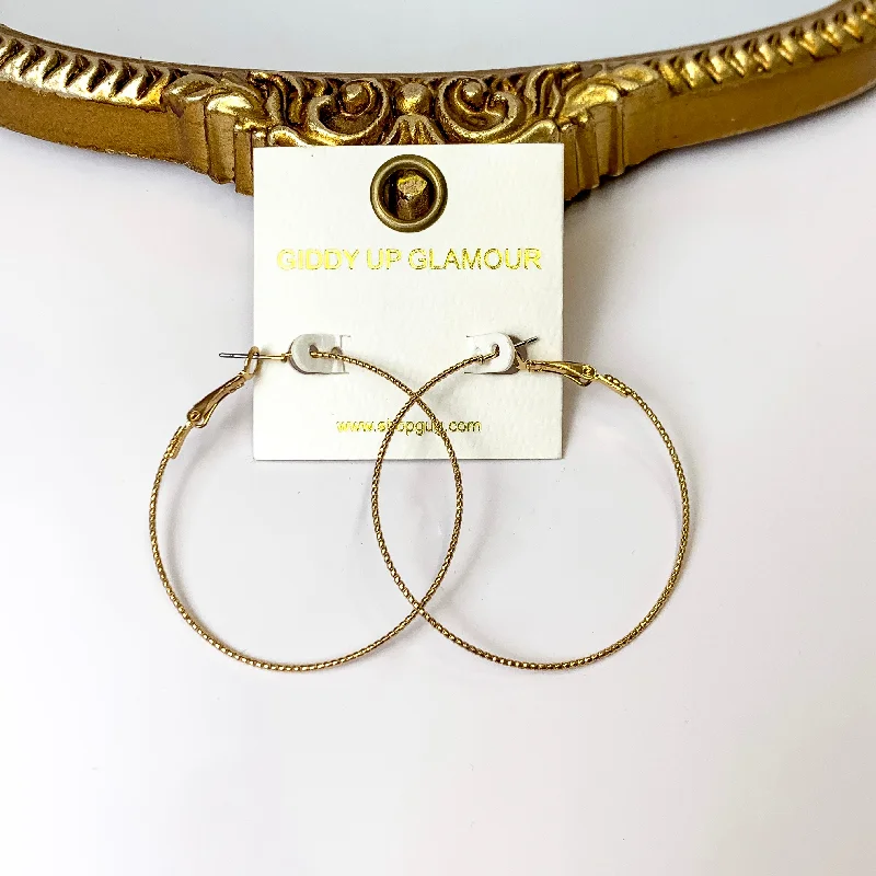 Beaded Earrings-2 Inch Thin Wired Rope Textured Hoop Earrings in Gold