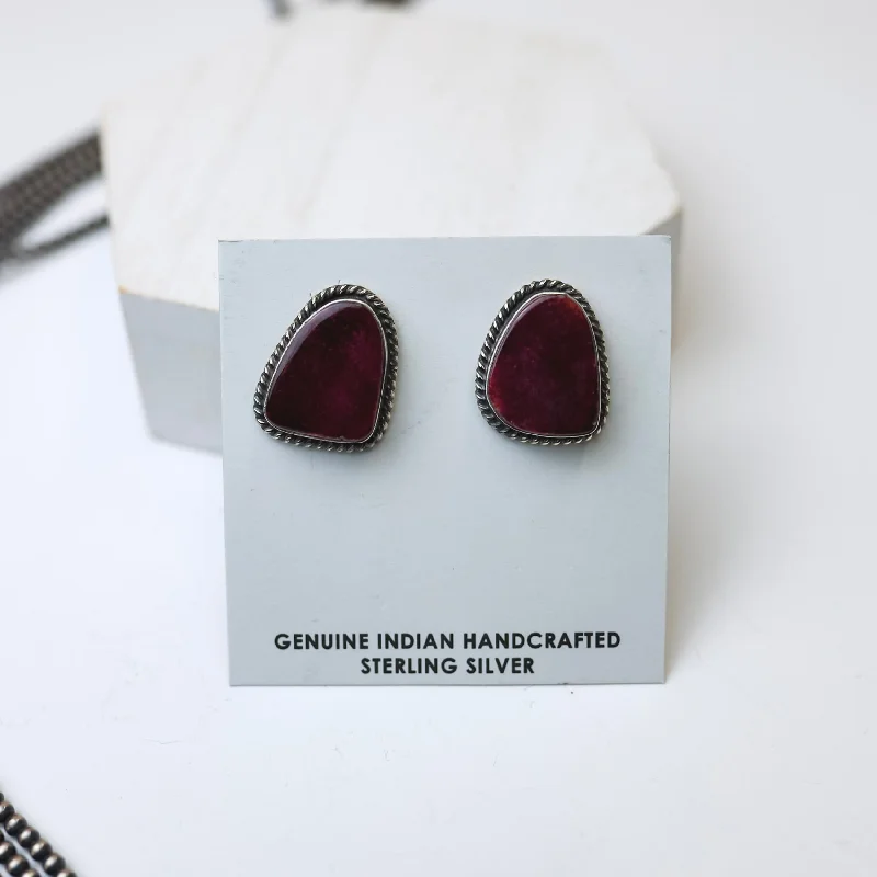 Handcrafted Earrings-Elouise Kee | Navajo Handmade Sterling Silver and Purple Spiny Oyster Stud Earrings