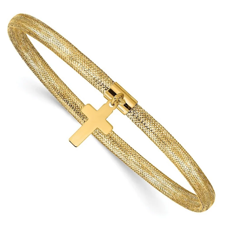 Bright link bangles-Open Bangles-Curata 14k Yellow Gold Mesh Religious Faith Cross Dangle Stretch Bracelet