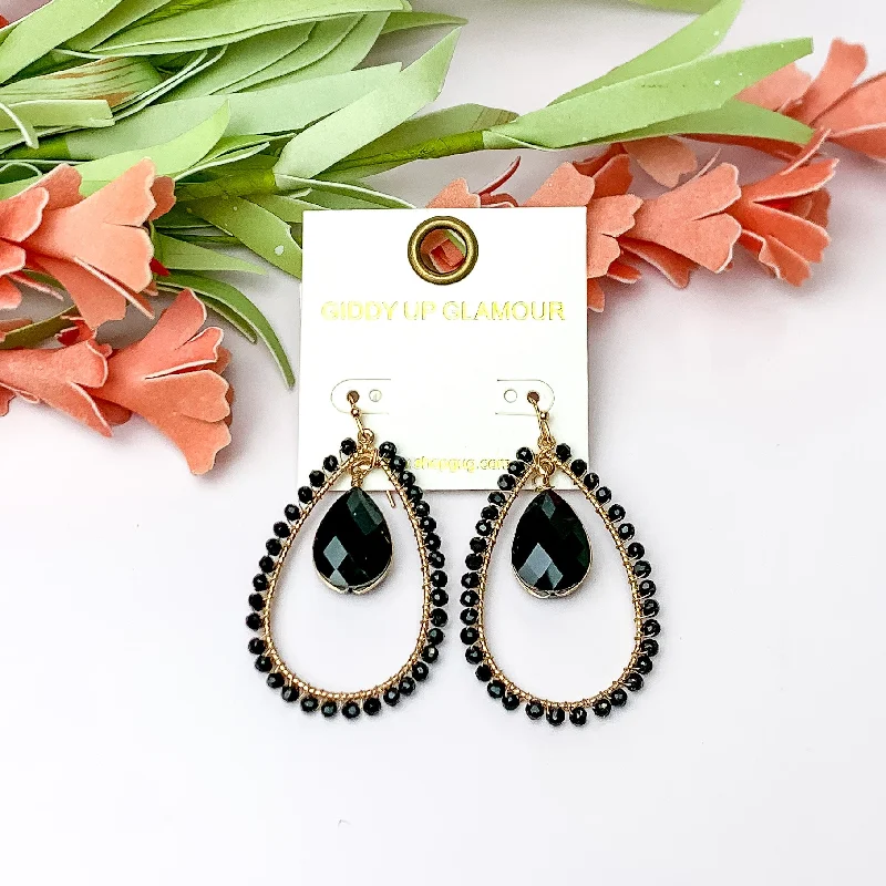 Customizable Earrings-Black Stone Inside Open Beaded Teardrop Earrings with Gold Tone Outline