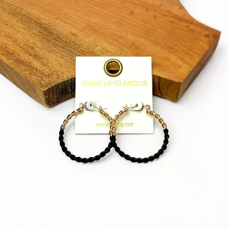 Queen Earrings-Twisted Gold Tone Hoop Earrings in Black