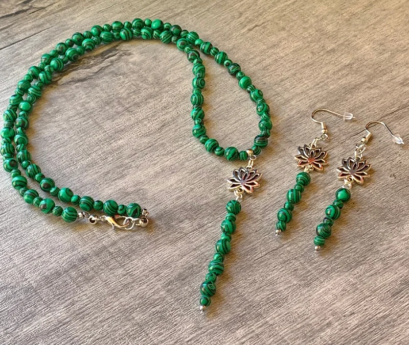 Owl charm necklaces-Tribal Necklaces-Aurora Handmade Malachite 23" Necklace and Earring Set with Lotus Flower Pendant