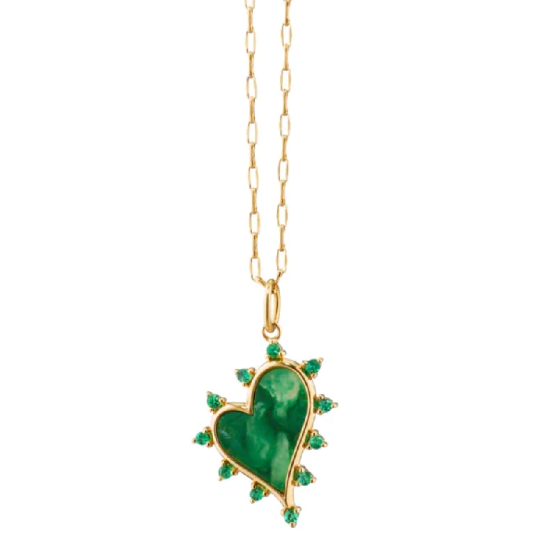 Agate drop necklaces-Engraved Necklaces-Monica Rich Kosann 18k Gold Aventurine Heart Necklace with Emeralds