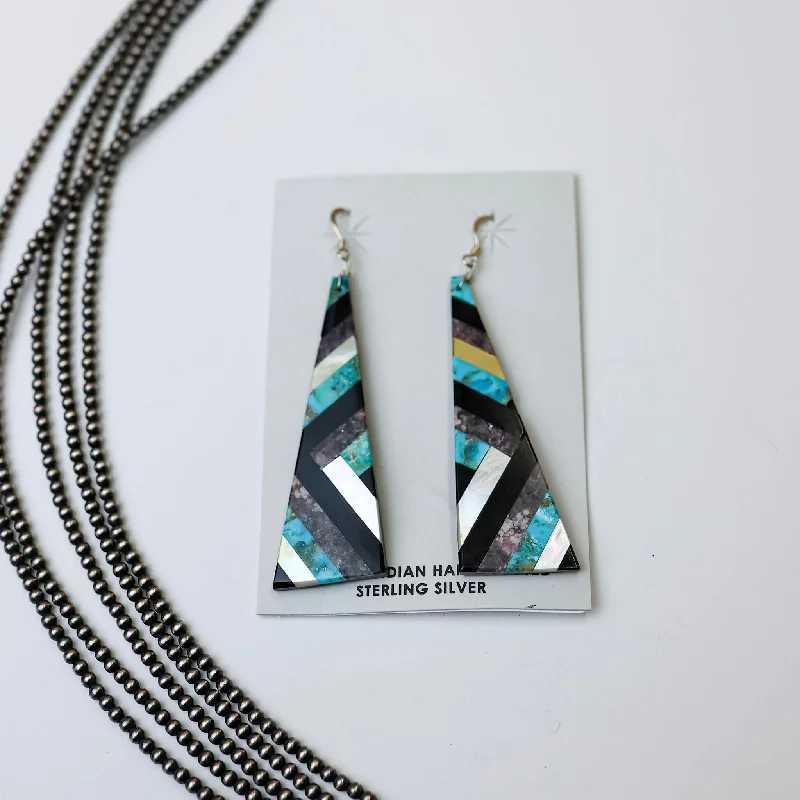 Cluster Earrings-Navajo | Navajo Handmade Turquoise, Opal, and Onyx Geometric Design Slab Earrings