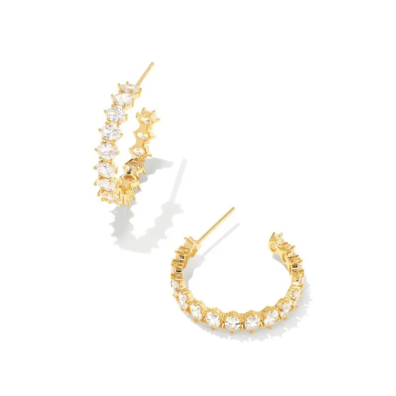 Lightweight Earrings-Kendra Scott | Cailin Gold Crystal Hoop Earrings in White Crystal