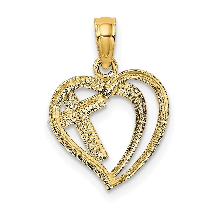 Yarn braid necklaces-Butterfly Necklaces-Curata 10k Yellow Gold With Rhodium 18" Textured Cross Inside Polished Heart Necklace (13mm x 18mm)