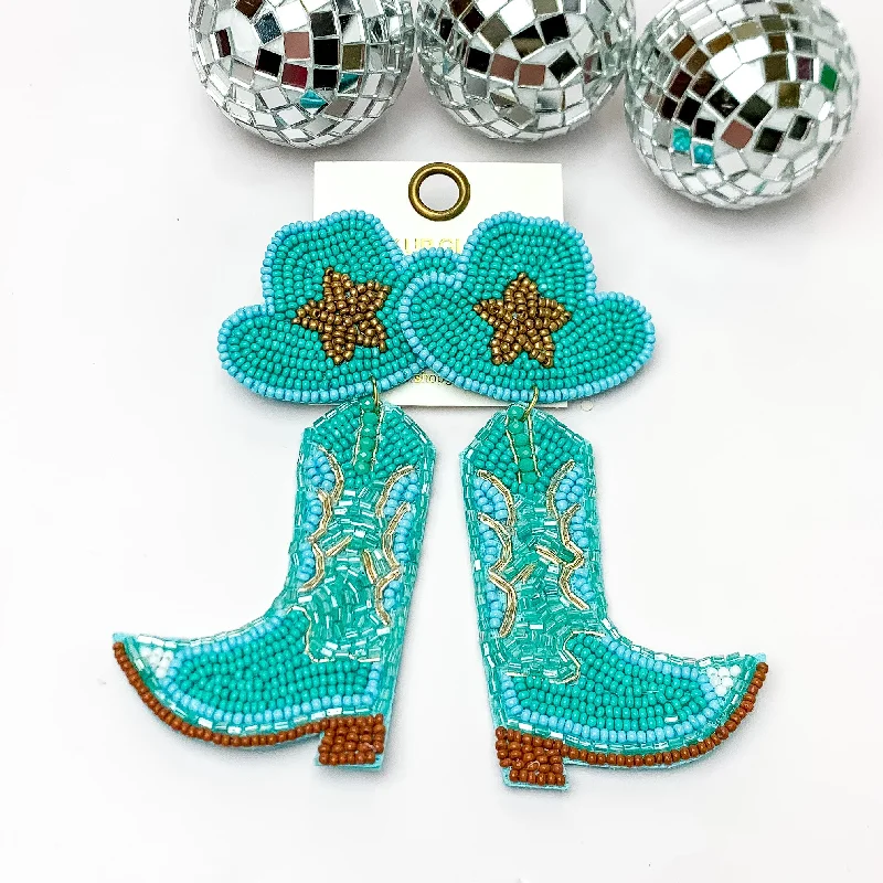 Arrow Earrings-Beaded Cowboy Hat and Boot Earrings with Gold Star in Turquoise Blue