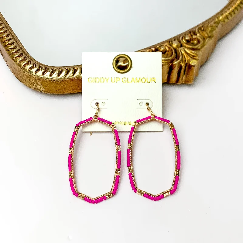 Statement Earrings-Hot Pink Beaded Open Large Drop Earrings with Gold Tone Accessory