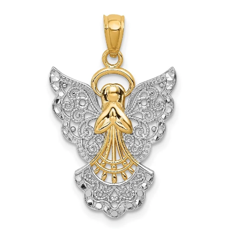 Old coin necklaces-Handcrafted Necklaces-Curata 14k Yellow Gold and Rhodium 18" Filigree Angel Pendant Necklace - 27.5x17.8mm