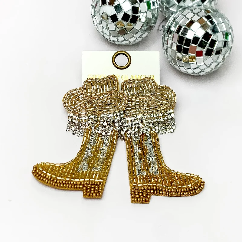 Historical Earrings-Beaded Cowboy Hat and Boot Earrings with Clear Crystal Fringe in Gold