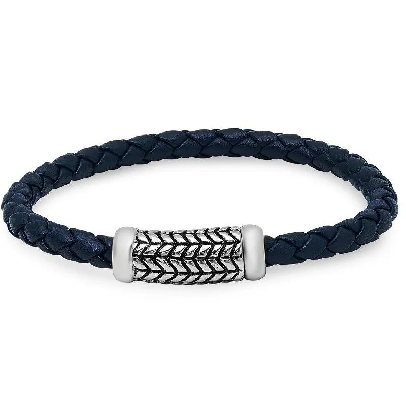 Cool clay bangles-Ethnic Rings-Oxford Ivy Braided Navy Blue Leather Bracelet with Magnetic Stainless Steel Clasp ( 8 3/4 inches)