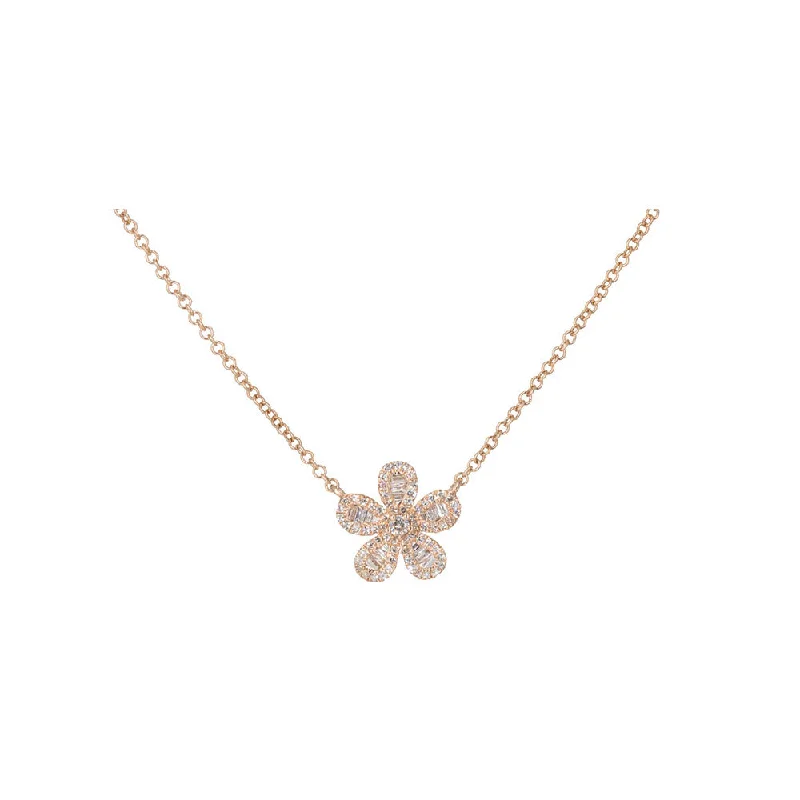 Triple birthstone necklaces-Beaded Necklaces-14KT Rose Gold Diamond and Baguette Flower Necklace