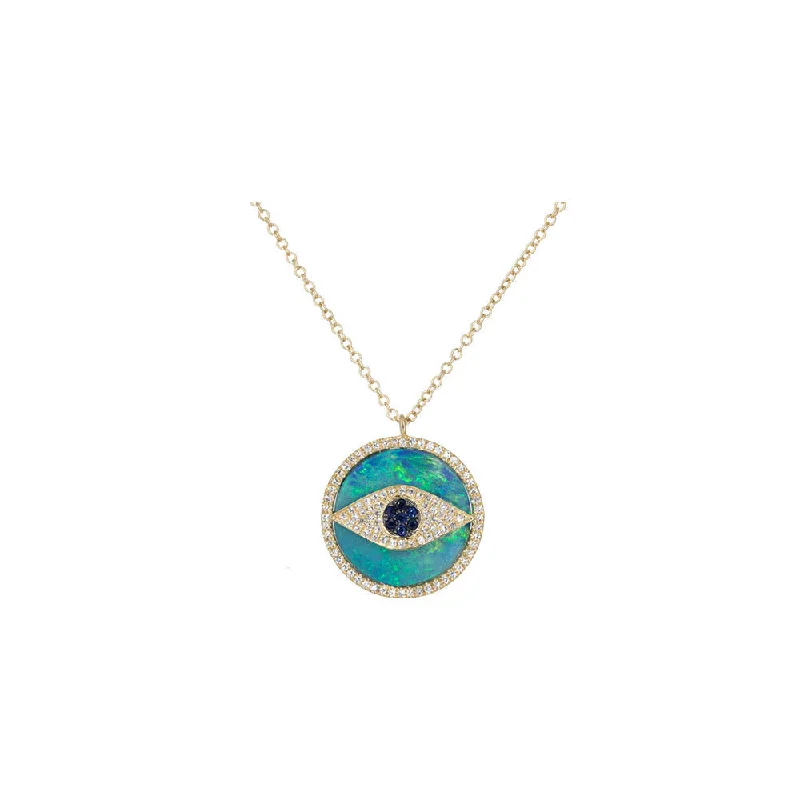 Grand diamond necklaces-Initial Necklaces-14KT Yellow Gold Diamond, Sapphire, and Opal Evil Eye Necklace