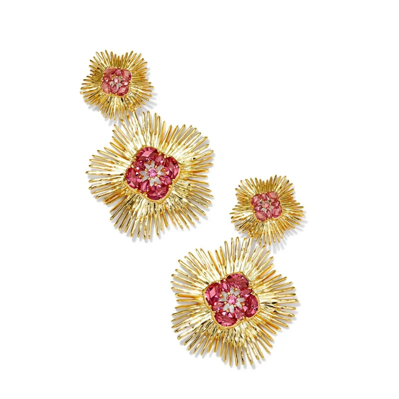 Ear Cuff Earrings-Kendra Scott | Dira Gold Crystal Statement Earrings in Pink Mix