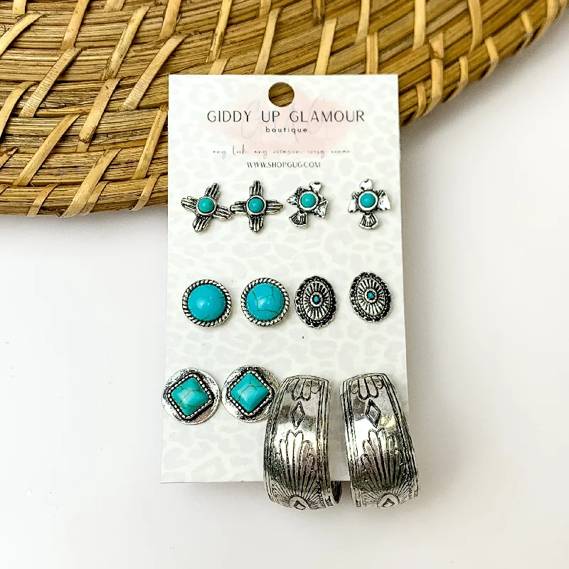 Contemporary Earrings-Set Of Six | Multiple Turquoise and Silver Tone Stud Earrings