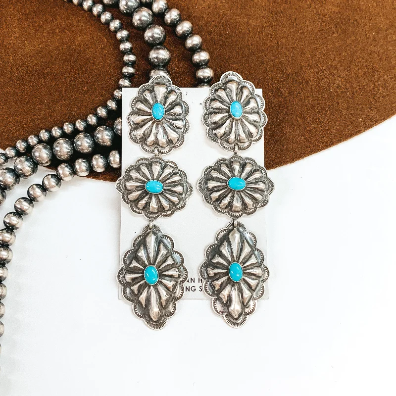 Jacket Earrings-RL Begay | Navajo Handmade Sterling Silver Concho Drop Earrings with Turquoise Stones