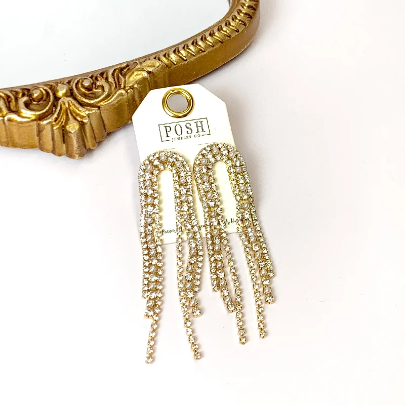 Diamond Earrings-Posh By Pink Panache | Arched Fringe Earrings with Pearl Accents in Gold Tone