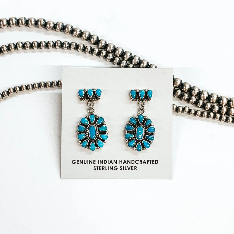 Warrior Earrings-Pam Benally | Navajo Handmade Kingman Turquoise Cluster Drop Earrings on a Three Stone Post Back