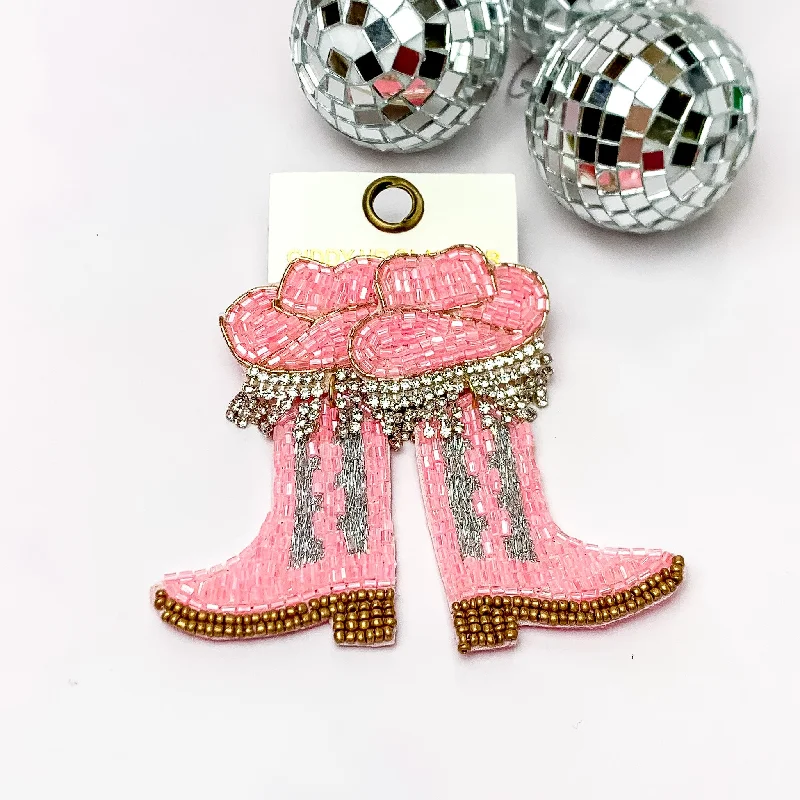 Lock Earrings-Beaded Cowboy Hat and Boot Earrings with Clear Crystal Fringe in Pink