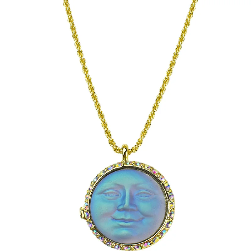 Satin gold necklaces-Diamond Necklaces-Love Never Dies Glass Seaview Moon Locket Necklace (Goldtone/Tanzanite AB)