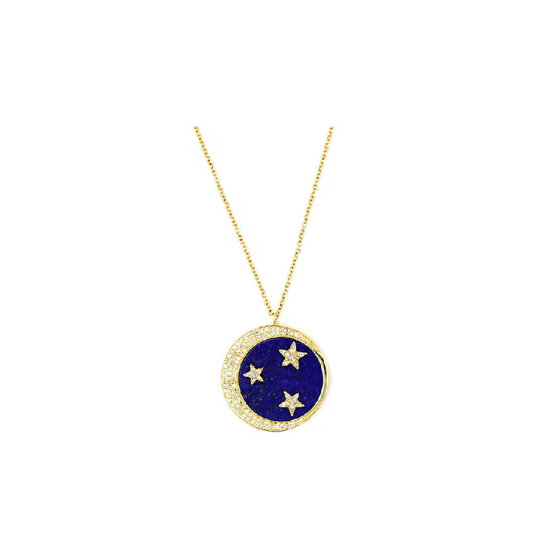 Heavy stone necklaces-Choker Necklaces-14k Yellow Gold Diamond and Lapis Moon and Star Necklace