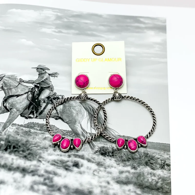 Formal Earrings-Western Moment Silver Tone Hoop Earrings With Stones in Hot Pink