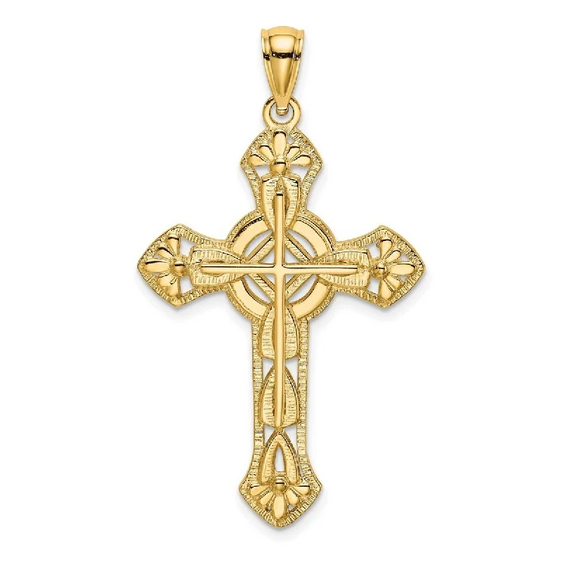 Lanka style necklaces-Zodiac Necklaces-Curata 14k Yellow Gold Large Floral Textured Cross Necklace 22mm x 33mm