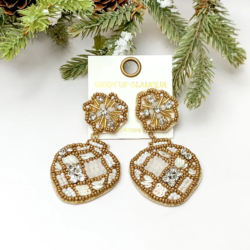 Clip-On Earrings-Beaded Post Back Ornament Earrings in Ivory and Gold Tone