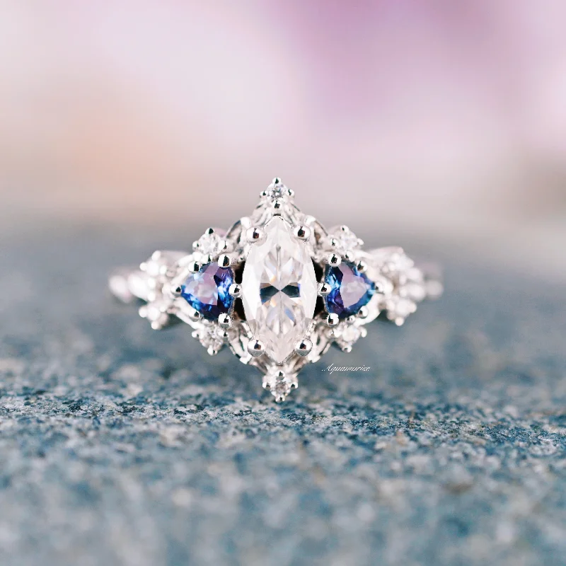 Stacked band engagement rings-Thread fringe earrings-Queen Engagement Rings-Marquise Moissanite Diamond & Alexandrite Ring- 14K White Gold