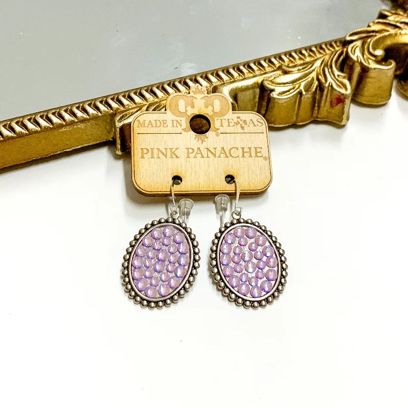 Angel Earrings-Pink Panache | Small Silver Tone Oval Earrings with Lavender Crystals