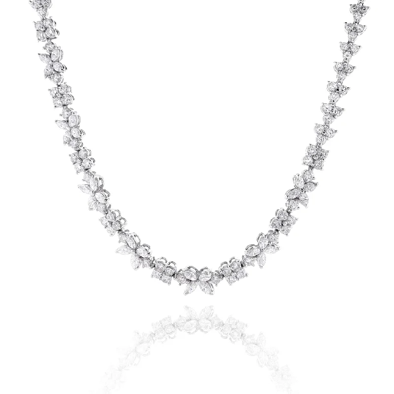 Clear bead necklaces-Sun Necklaces-Estate Platinum Diamond Cluster Station Design 16.5" Necklace