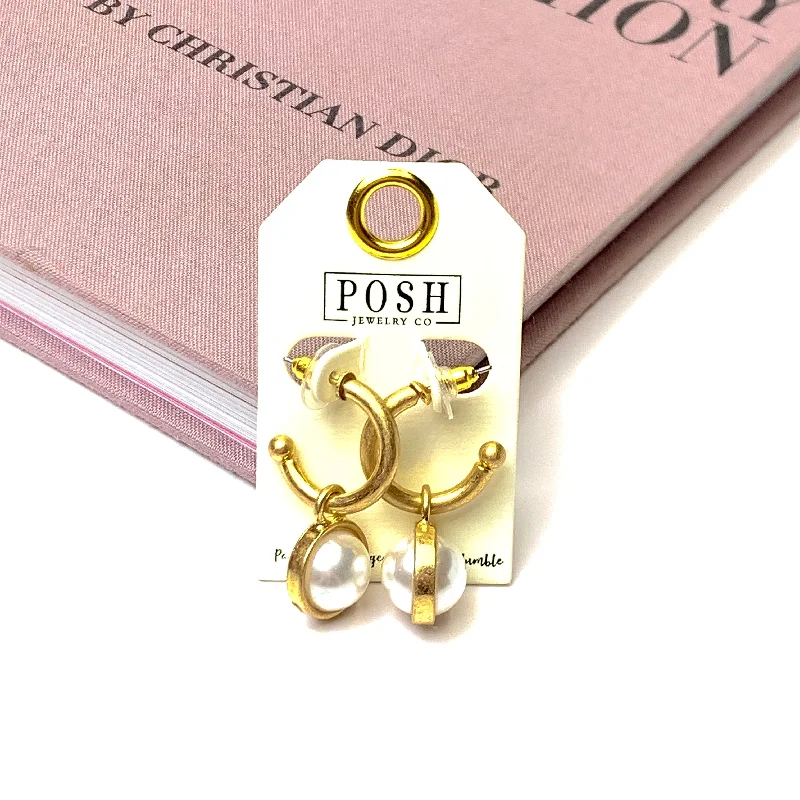 Contemporary Earrings-Posh By Pink Panache | Huggie Hoop Earrings with Pearl Charm in Gold