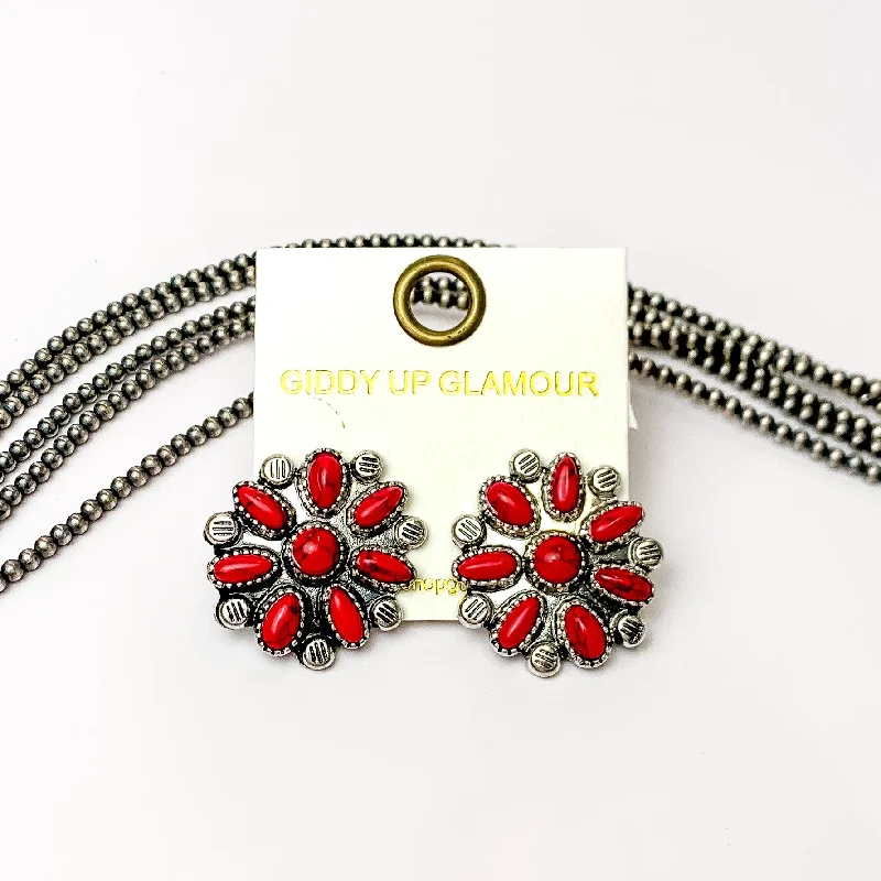 King Earrings-Faux Red Flower Cluster Stud Earrings in Silver Tone