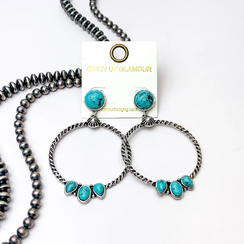 Gold Earrings-Western Moment Silver Tone Hoop Earrings With Stones in Turquoise Blue