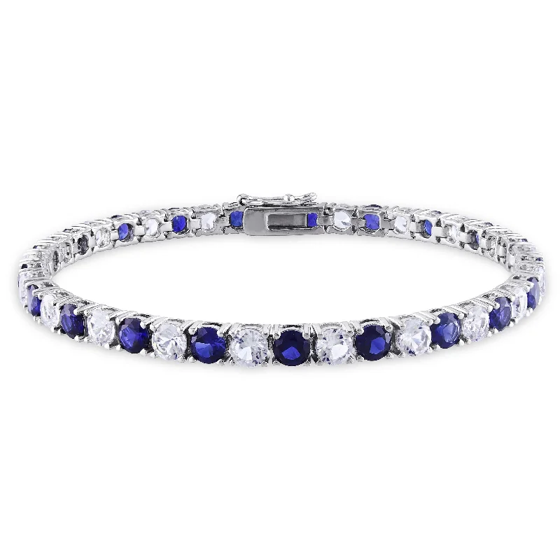 Stone link bangles-Space Rings-Miadora Sterling Silver Created Blue and White Sapphire Patterned Birthstone Tennis Bracelet - 7.25 in x 4.3 mm x 2.7 mm