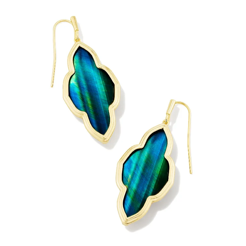 Key Earrings-Kendra Scott | Framed Abbie Gold Drop Earrings in Teal Tiger's Eye